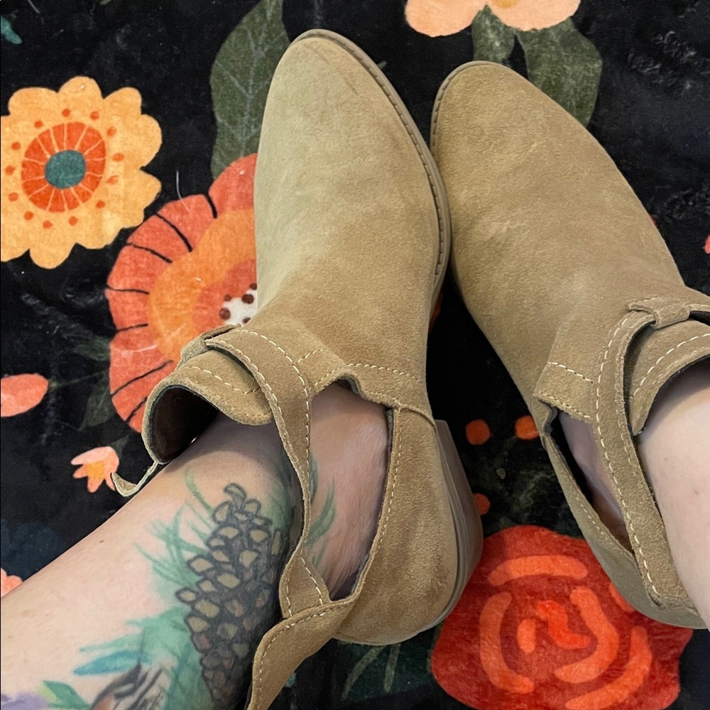 Suede Tan Cutout Ankle Booties with Buckle Strap - Picture 8 of 10